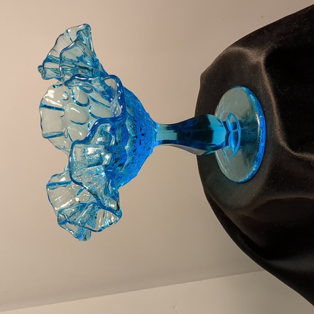 Vtg aqua Fenton ruffled,  thumbprint candy dish. Nuts, olives, flowers, candle?